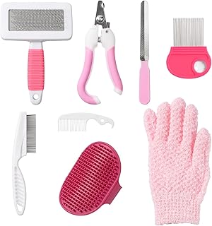 8 Stück Kaninchen Pflege Set, mit Nagelknipser, Feile, Haustierkamm, Floh Kamm, Badhandschuh,Hau…