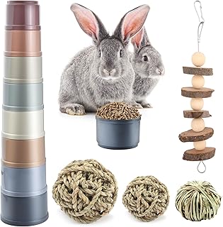 12 Stück Kaninchen Spielzeug Set mit 8 Stapelbecher Kaninchen 3 handgewebte Grasbälle 1 Holzlei…