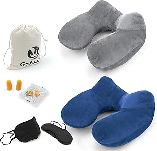 Nackenkissen Aufblasbar für Flugzeug Camping Züge und Autos mit Augenbinde Ohrstöpseln, Tragba…