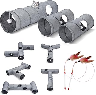 Odoland Katzentunnel in Leinen DIY Spieltunnel mit Ball Katzenspielzeug Faltbar Pet Play Tunnel T…