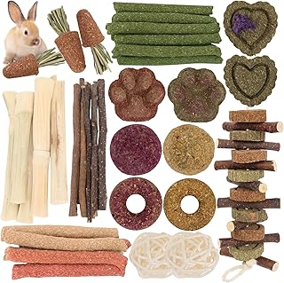 45 Stück Kaninchen Spielzeug Set, NatüRliches Kauspielzeug für Kleintiere, Timothy-Heu-Sticks,…