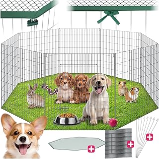 tectake® Freilaufgehege mit Sicherheitsnetz, Ø 204 cm, Welpenauslauf, Kleintierstall mit 8 Gitt…