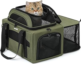 Pecute Transportbox Katze erweiterbar, 2-Fach Katzentransportbox, Grün | Faltbare Katzen Transpo…