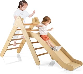 COSTWAY Kletterdreieck mit Rutsche, Klettergerüst aus Holz, Sprossendreieck zum Rutschen und Kle…