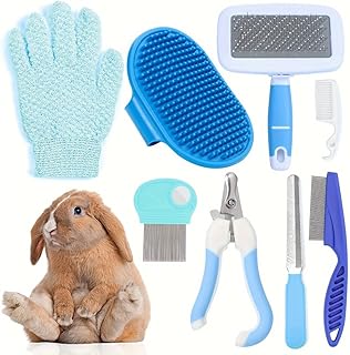 8-teiliges Kaninchen Pflege Set blau mit Krallenschere Kaninchen Flohkamm Badebürste Handschuh S…