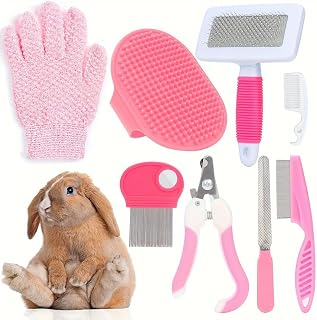 8er Kaninchen Pflege Set rosa – Hasen Zubehör mit Nagelknipser, Feile, Flohkamm, Kaninchen Bü…