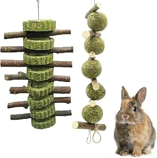 2er Set Kauspielzeug Fuer Kaninchen und Nager, Haengendes Nagespielzeug aus Apfelholz und gepress…