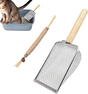 HASLED Katzenstreuschaufel Edelstahl mit Holzgriff | 6-Maschen Sieb für Katzentoilette | Inkl. K…